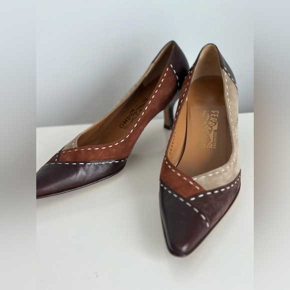 Salvatore Ferragamo Multicolor Suede & Leather Pointed Toe Pumps - Picture 3 of 7